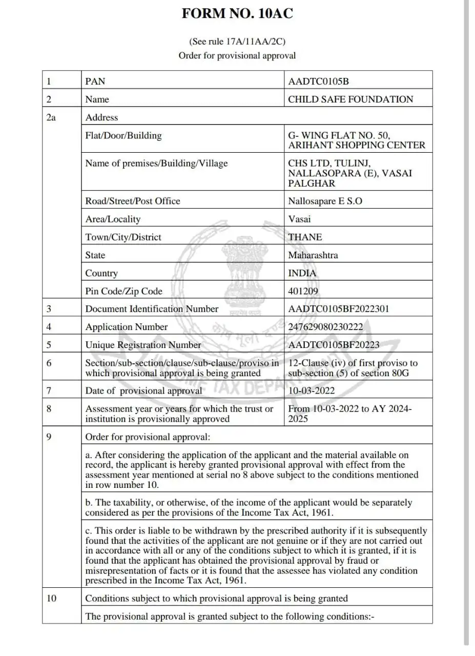 80G Tax Exemption Certificate